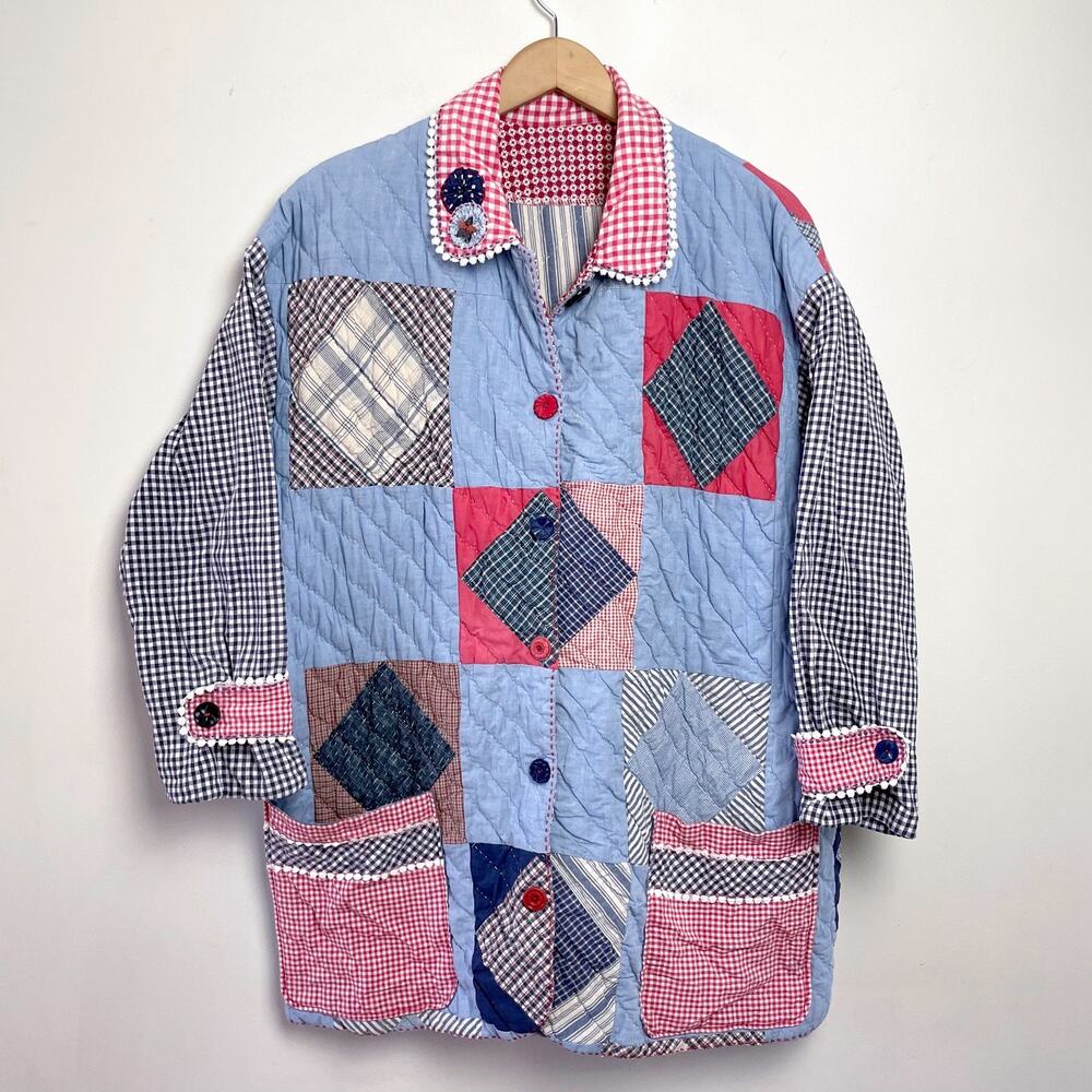 Vintage Handmade Patchwork Quilt Jacket Sz XL Cottagecore Americana Prairie Folk